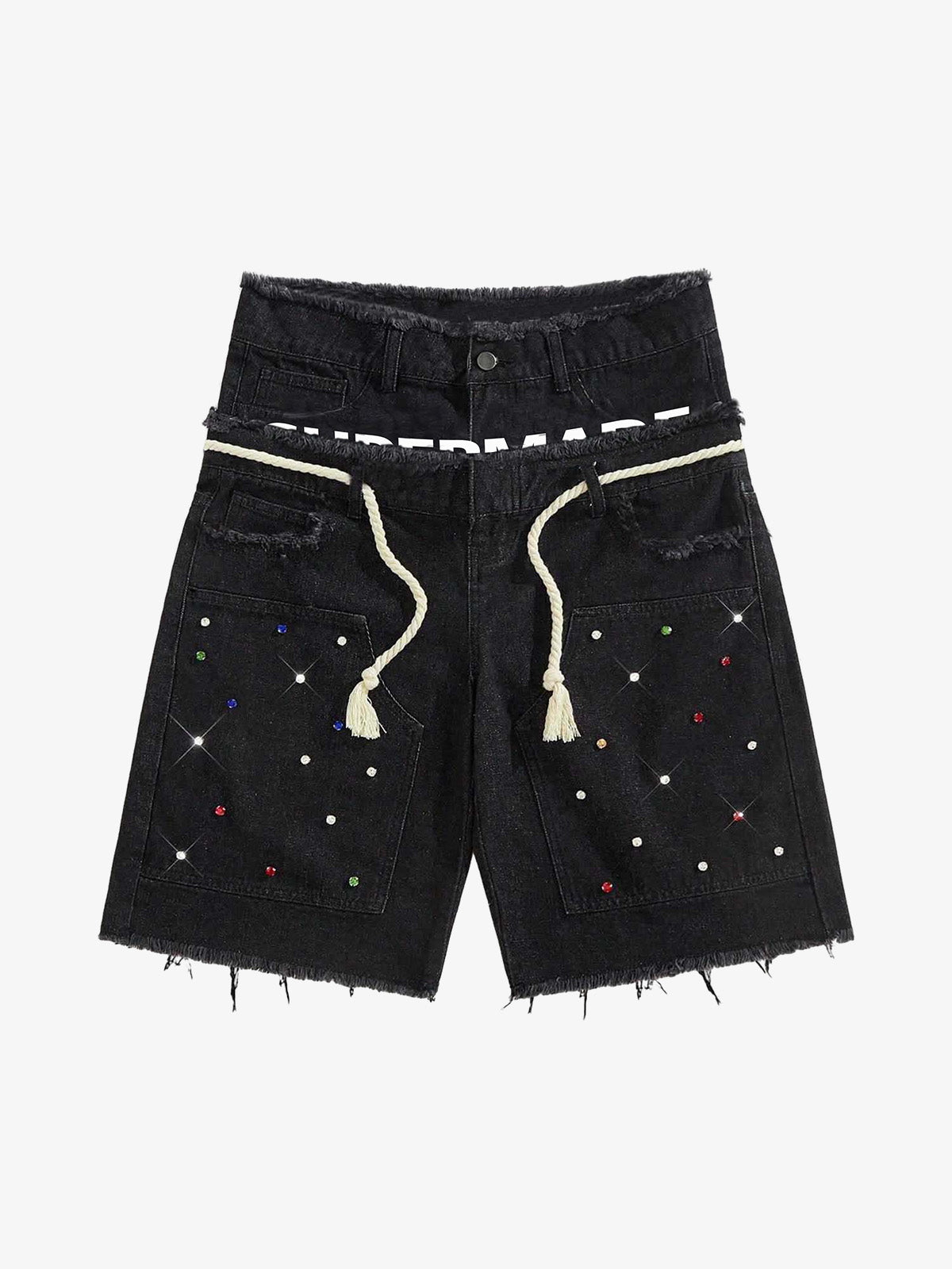 Rhinestone Letter Graphic Drawstring Denim Shorts