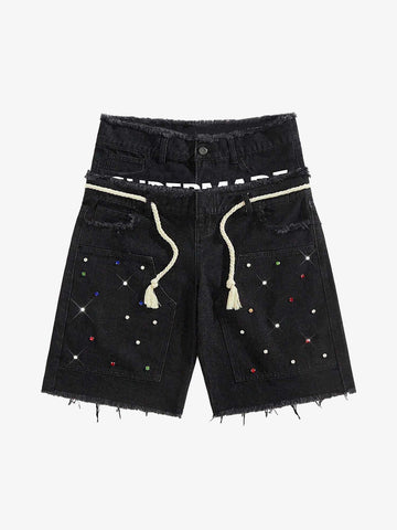 Rhinestone Letter Graphic Drawstring Denim Shorts
