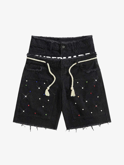 Rhinestone Letter Graphic Drawstring Denim Shorts