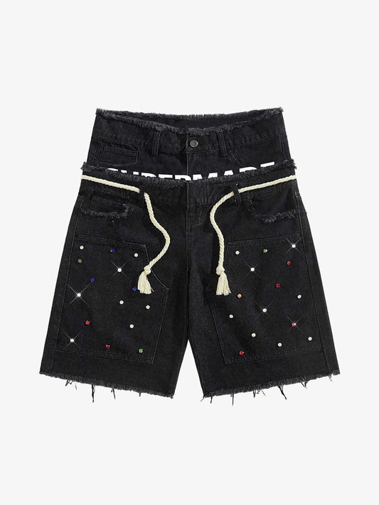 Rhinestone Letter Graphic Drawstring Denim Shorts