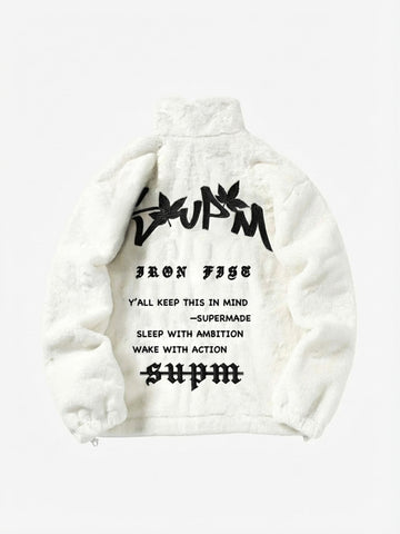 Thesupermade Hip-hop Letter Stand Collar Fur Jacket - 1908 