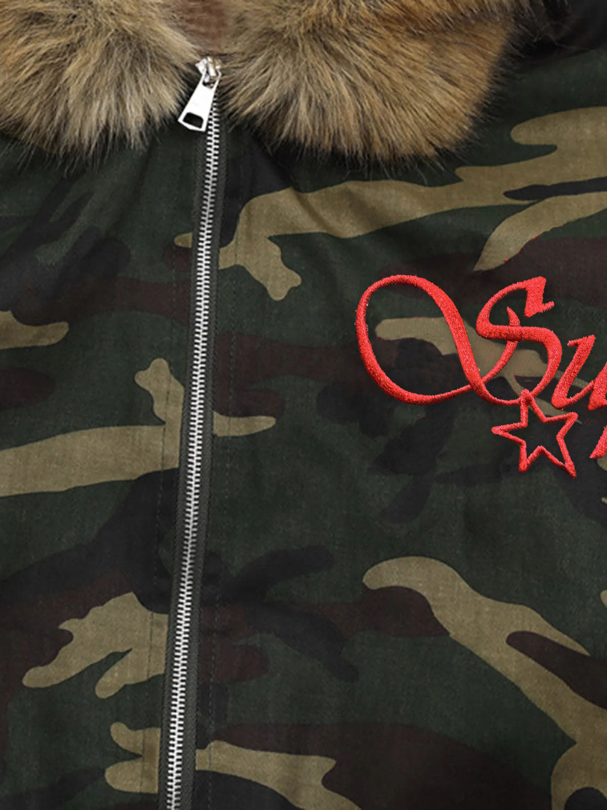 Embroidered Detachable Fur Hooded Jacket 