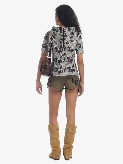 Camo Half Zip Hooded Mid Sleeve T-Shirt 