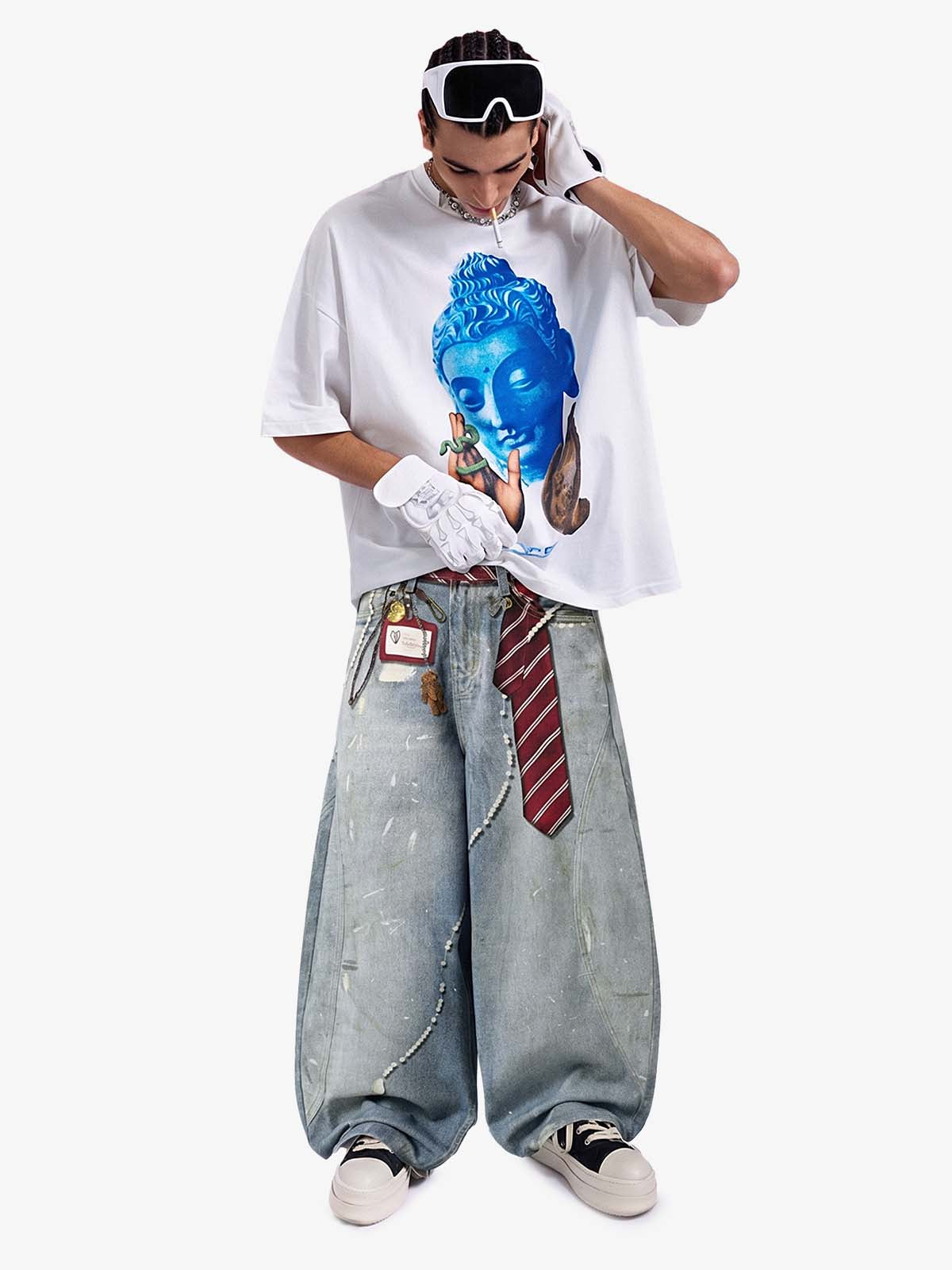 Tie Graphic Print Vintage Wash Wide Leg Denim Jeans 