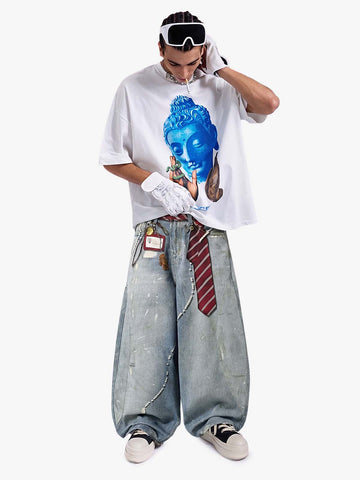 Tie Graphic Print Vintage Wash Wide Leg Denim Jeans 