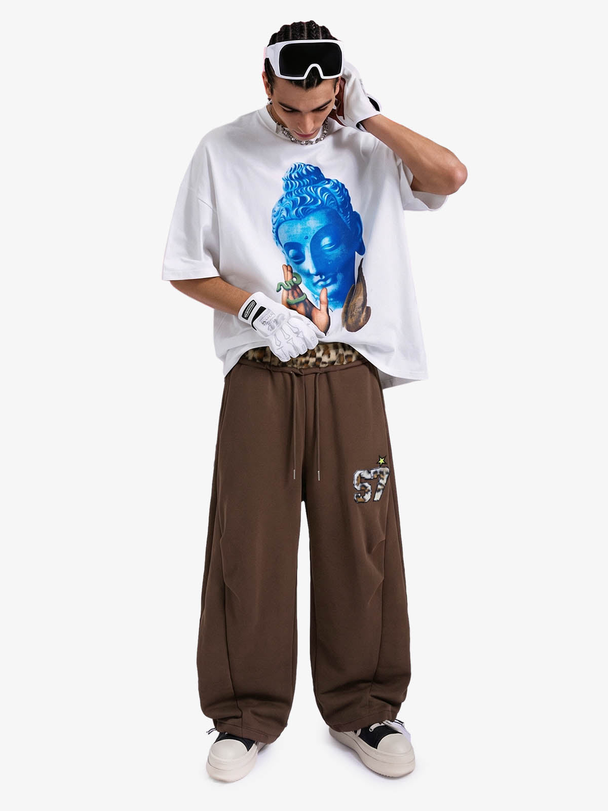 Retro Double-Waist Leopard Patch Barrel Pants - 2564 