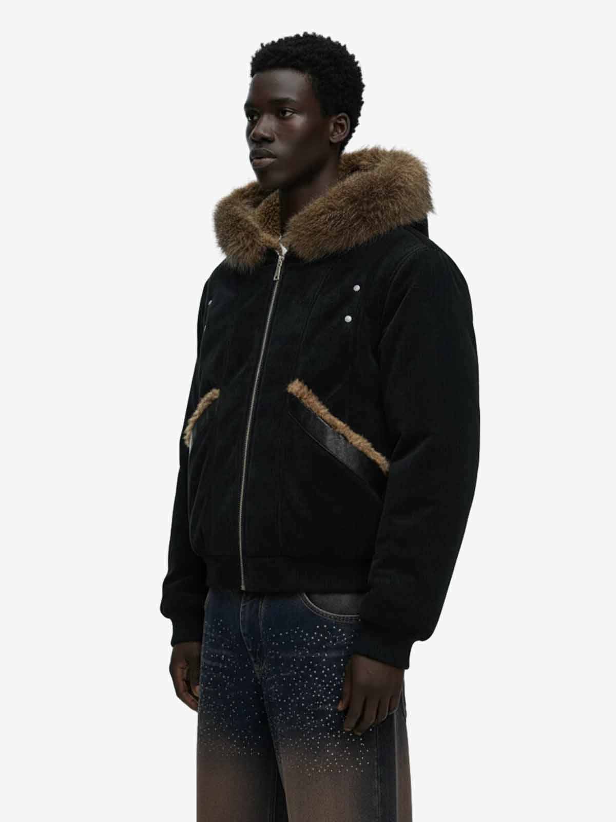 Retro Detachable Faux Fur Collar Suede Fleece Hoodie Jacket 