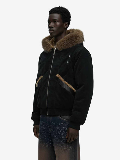 Retro Detachable Faux Fur Collar Suede Fleece Hoodie Jacket 