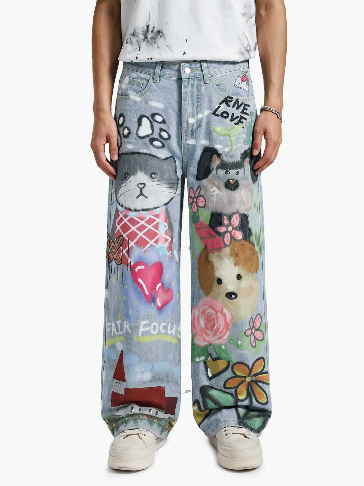Graffiti Cartoon Animal Print Distressed Wide Leg Denim Jeans 