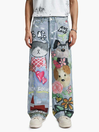 Graffiti Cartoon Animal Print Distressed Wide Leg Denim Jeans 