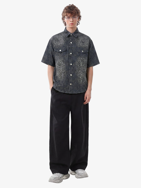 Vintage Leopard Print Washed Denim Short Sleeve Shirt