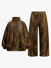 French Terry Cheetah Print Suede Tracksuit - 2277