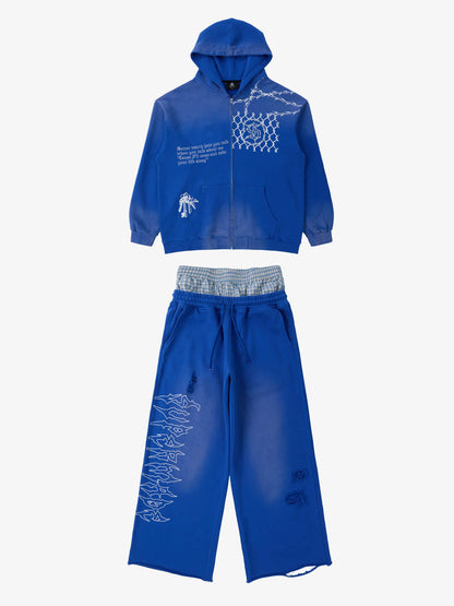 Supermade Vintage Distressed Print Patchwork Sweatshirt Set 