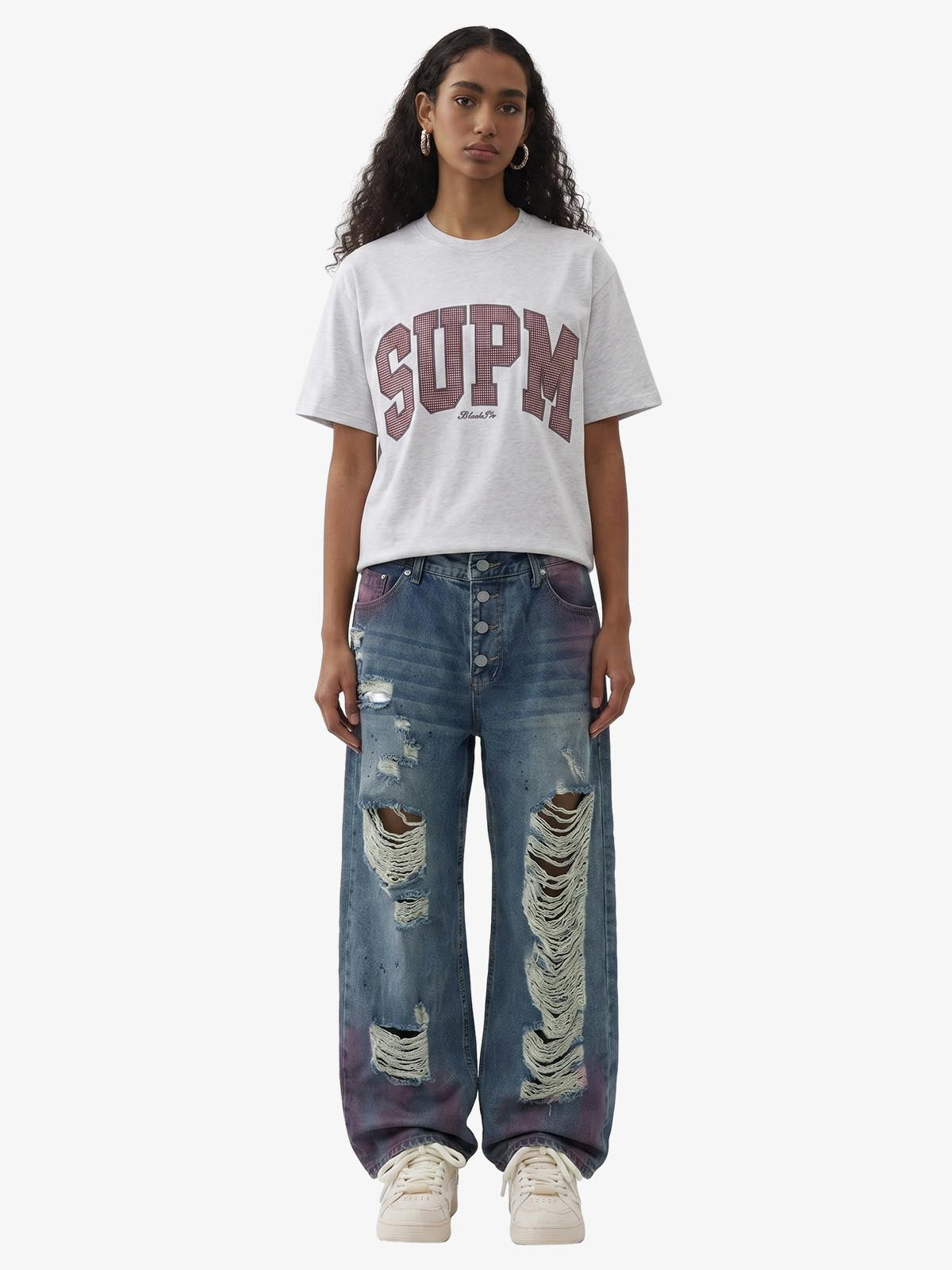 Double-Waist Distressed Wide-Leg Jeans 