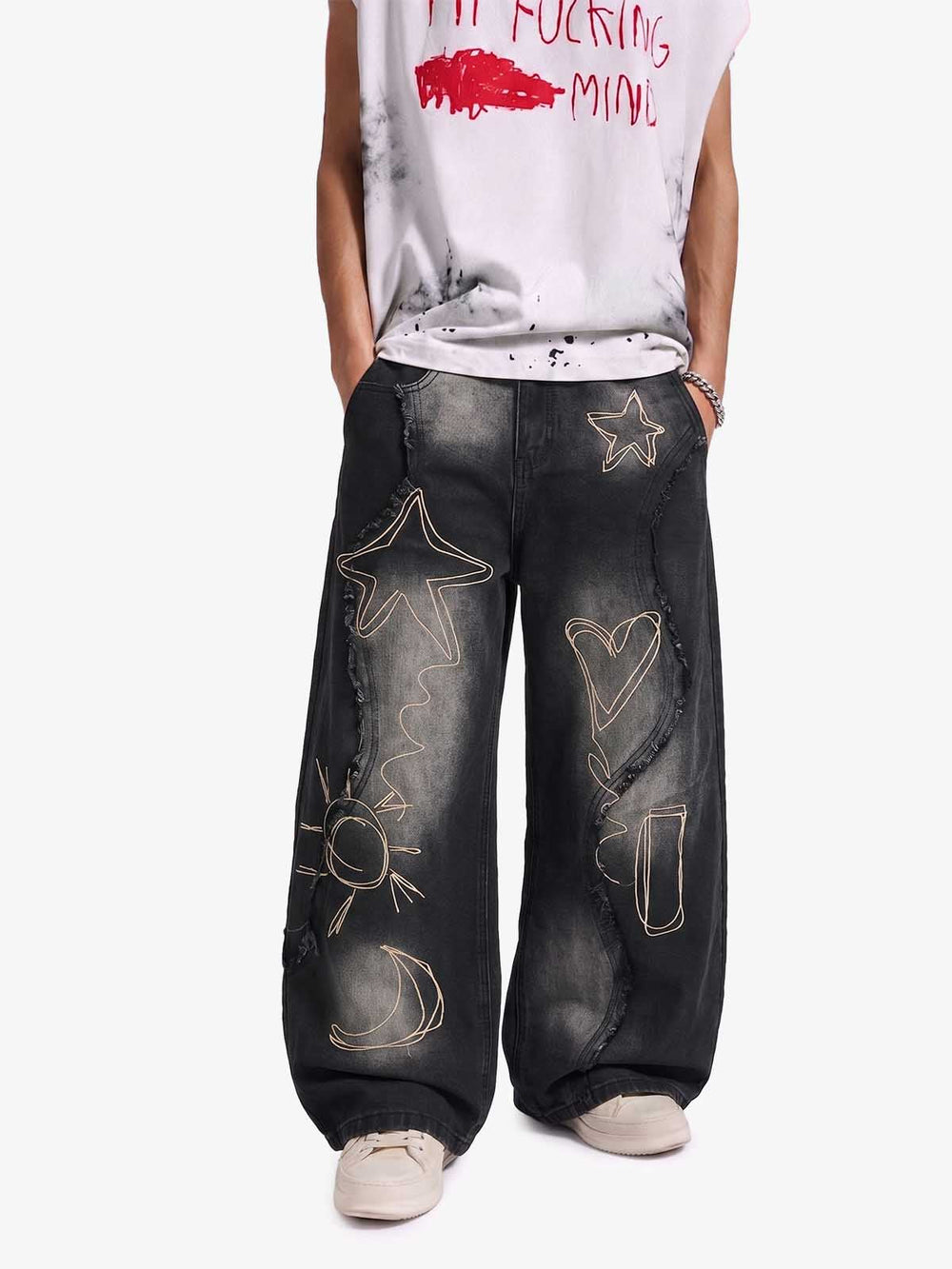 Vintage Embroidered Washed Raw-Edge Graffiti Scimitar Jeans 