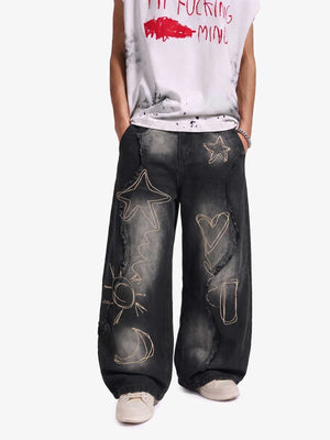 Vintage Embroidered Washed Raw-Edge Graffiti Scimitar Jeans 