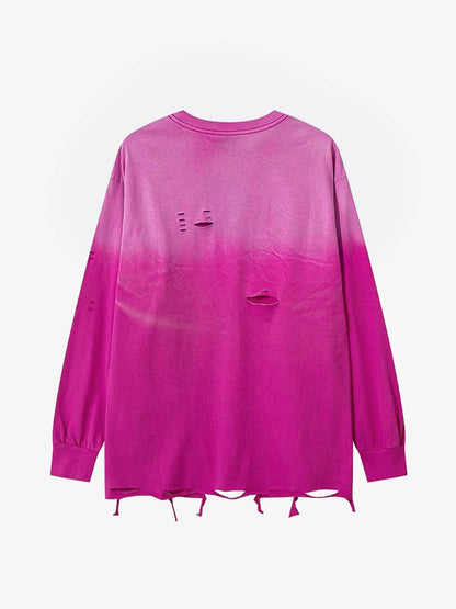 Gradient Hole Contrast Color Long Sleeve T-Shirt 
