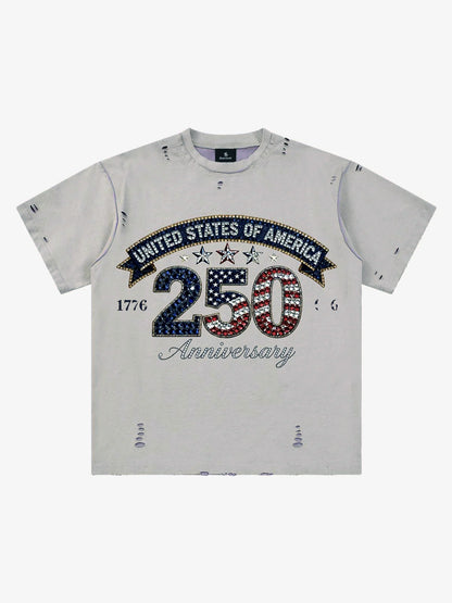 Rhinestone 250 Ripped Washed T-Shirt 