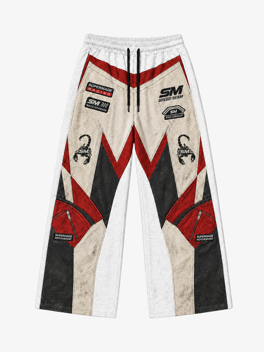 Pantalones deportivos de pierna ancha, lavados y desgastados, con gráfico 3D de motociclista