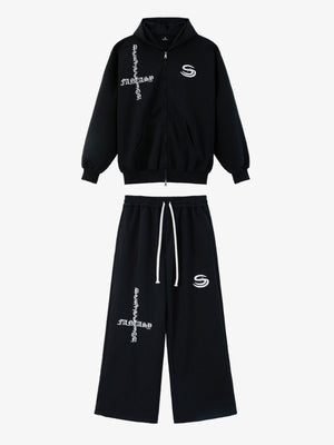 Gothic Letter Cross Embroidery Zip Up Hoodie and Sweatpants Set 