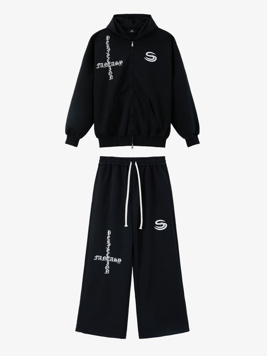 Gothic Letter Cross Embroidery Zip Up Hoodie and Sweatpants Set 