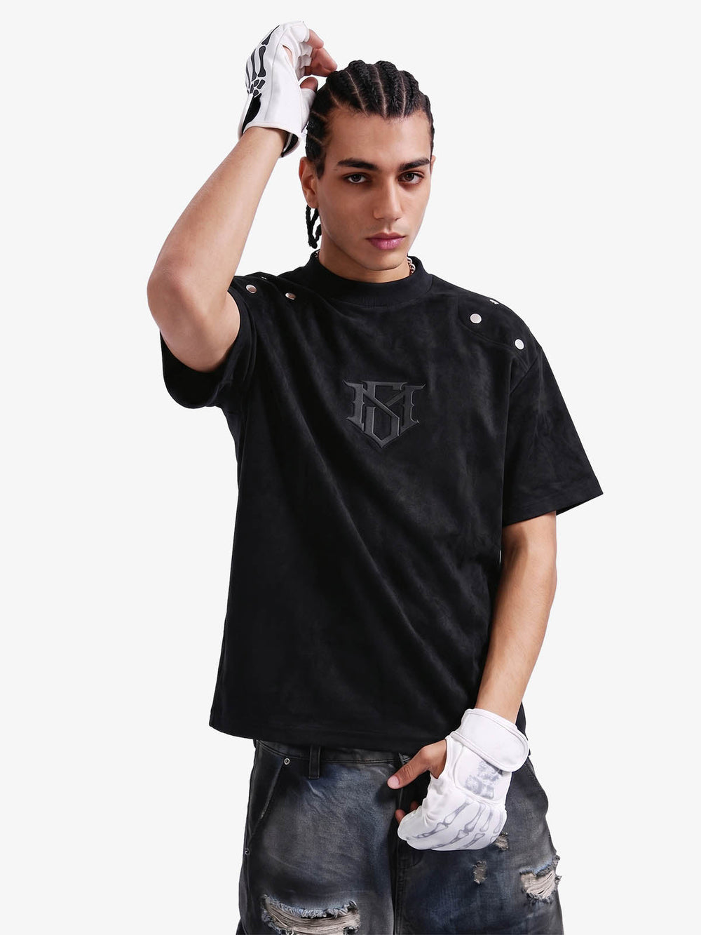 Metallic Print Suede Crew Neck T-Shirt 