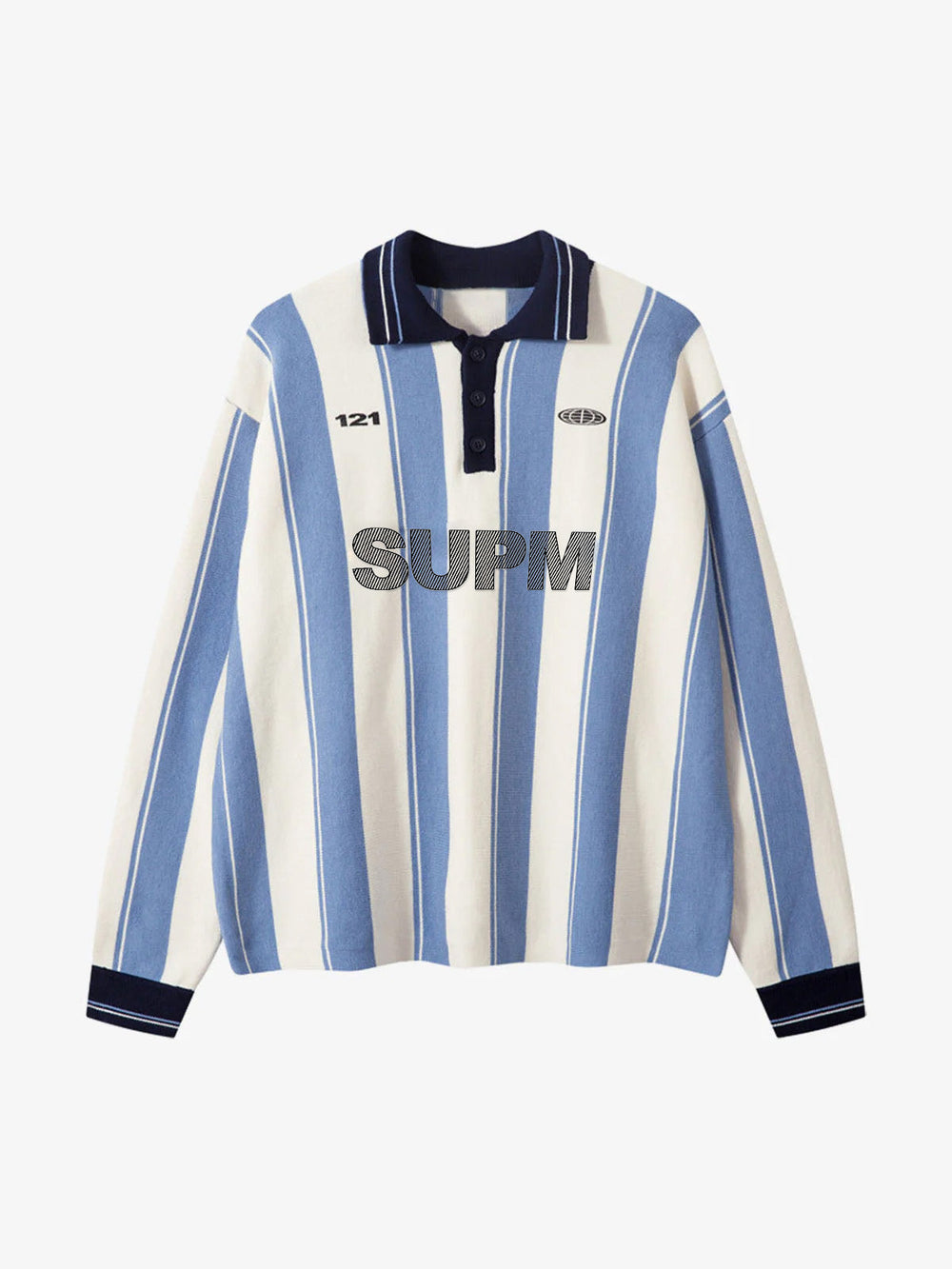 Retro Striped Polo Collar Sports Jersey Knit Sweater 