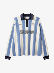 Retro Striped Polo Collar Sports Jersey Knit Sweater 