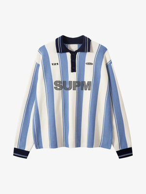 Retro Striped Polo Collar Sports Jersey Knit Sweater 