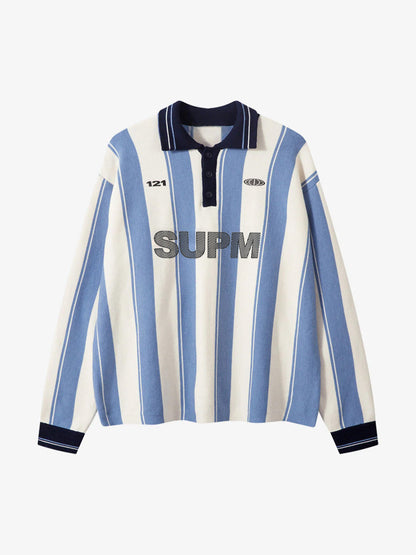 Retro Striped Polo Collar Sports Jersey Knit Sweater 
