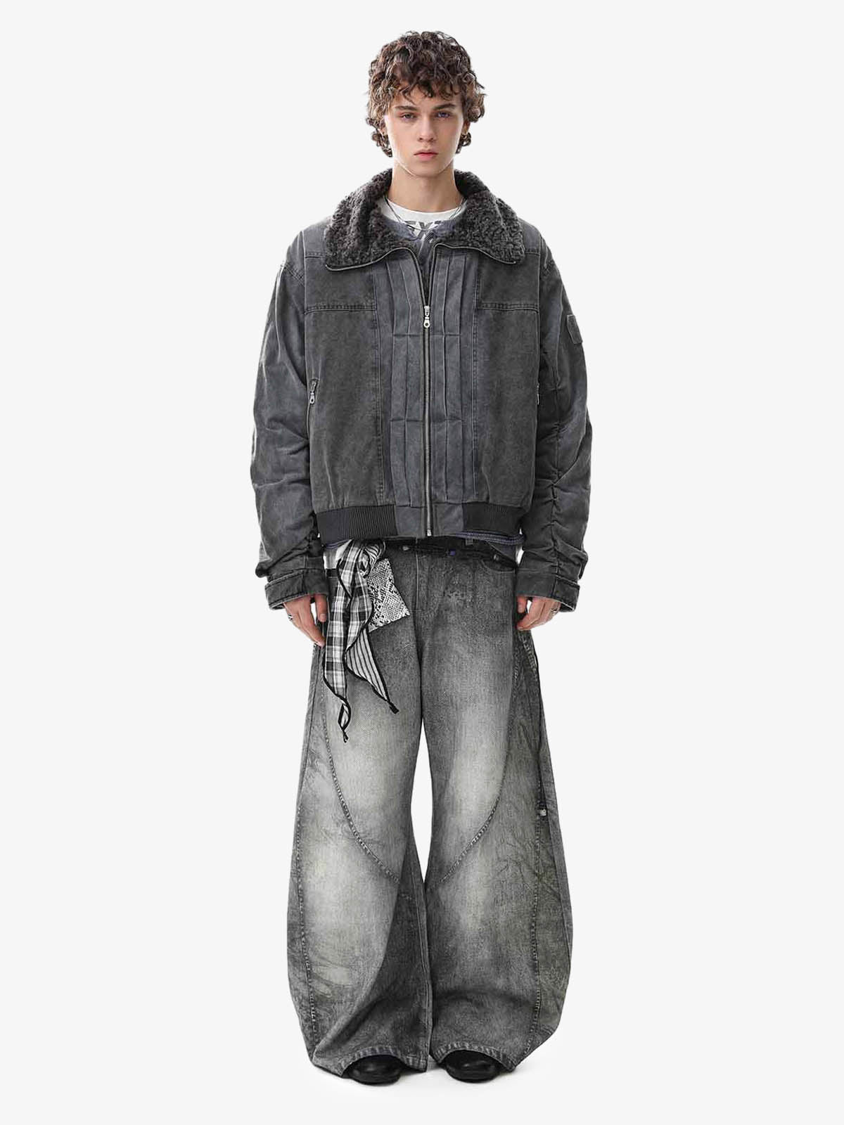 Vintage Distressed Pleated Shearling Collar Fleece Jacket