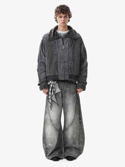 Vintage Distressed Pleated Shearling Collar Fleece Jacket