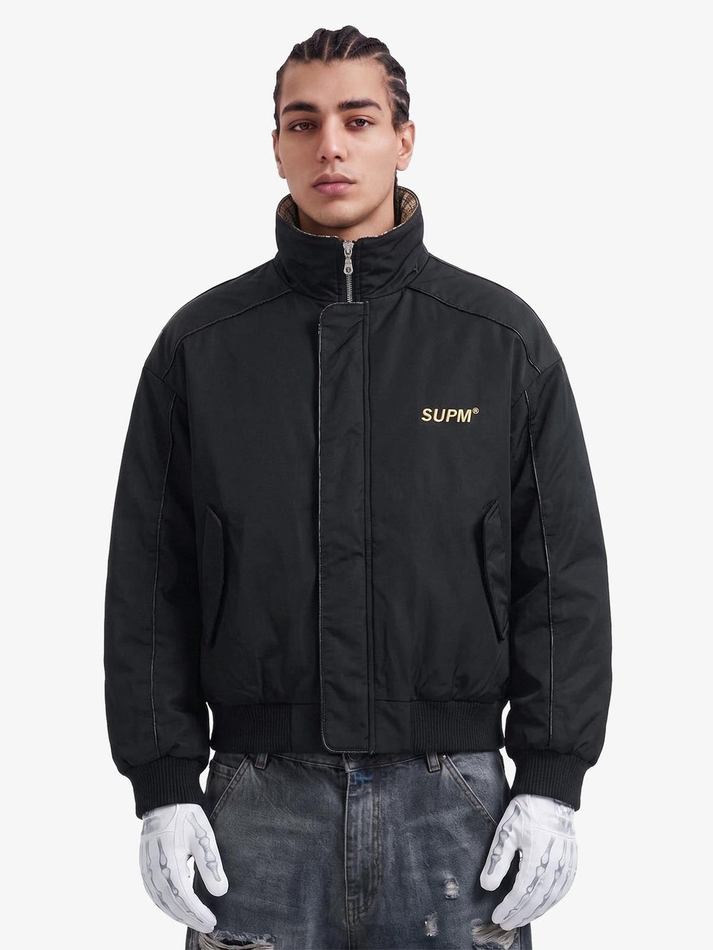 Retro Layered Look Plaid Collar Padded Jacket - 2579 