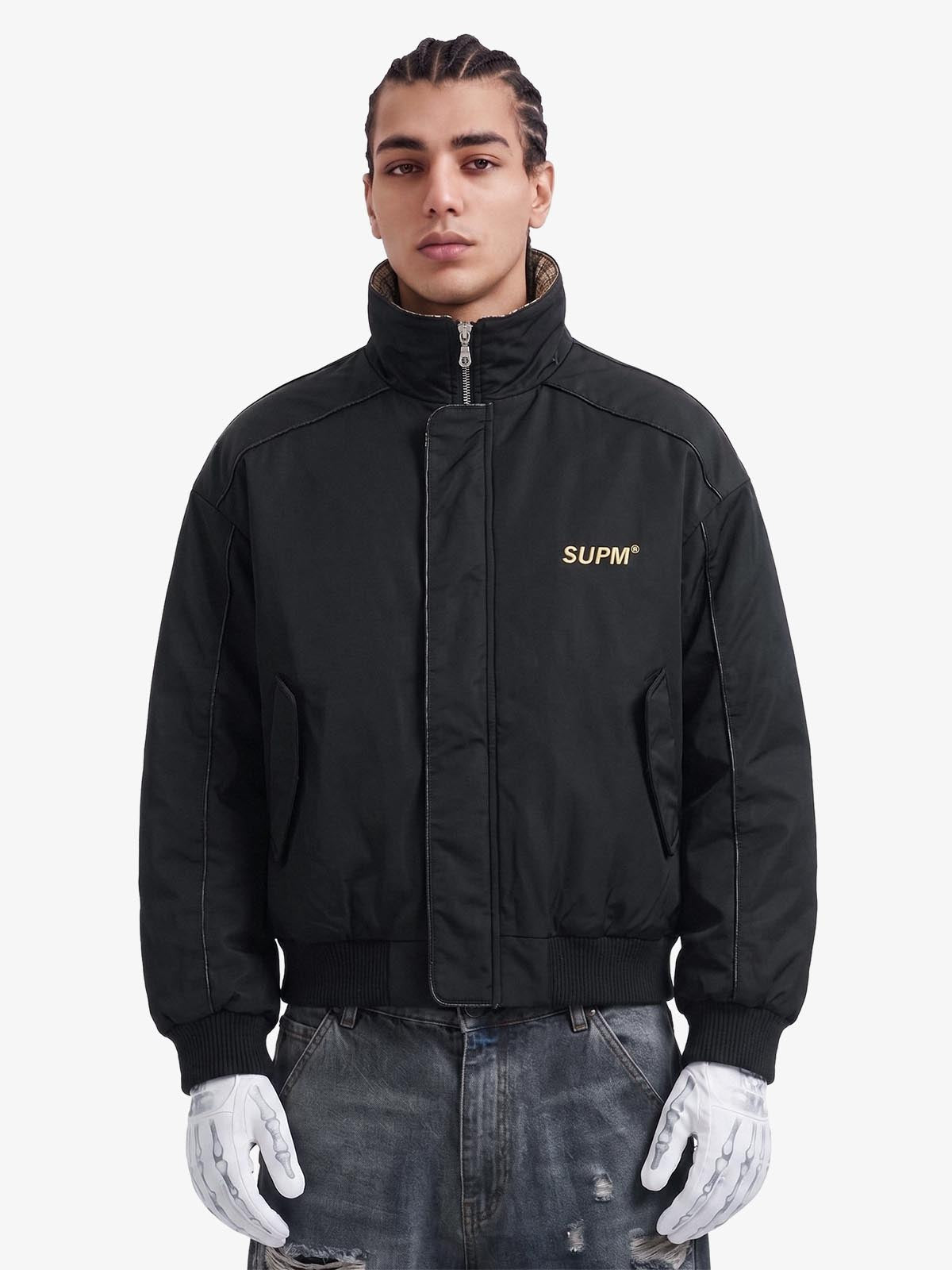 Retro Layered Look Plaid Collar Padded Jacket - 2579 
