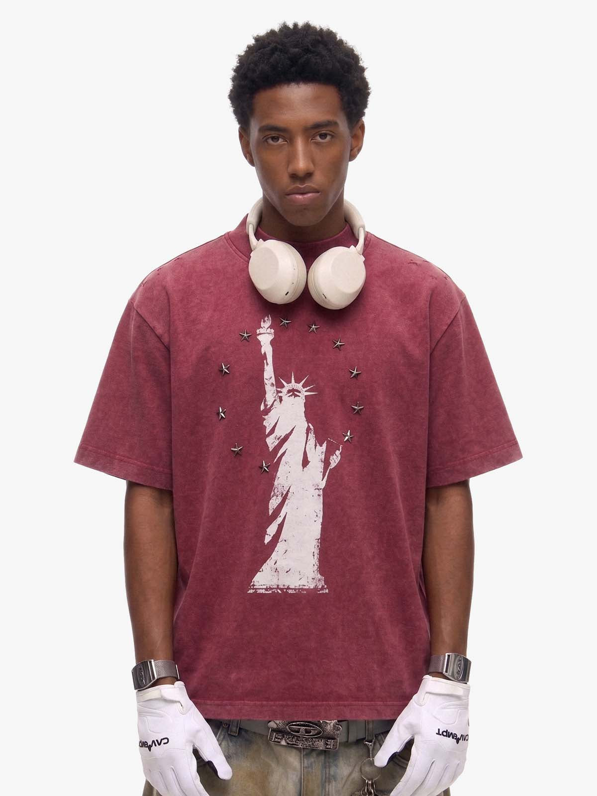 Statue of Liberty Print and Star Details T-Shirt 