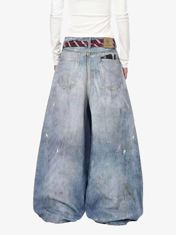 Tie Graphic Print Vintage Wash Wide Leg Denim Jeans