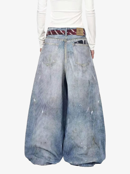 Tie Graphic Print Vintage Wash Wide Leg Denim Jeans