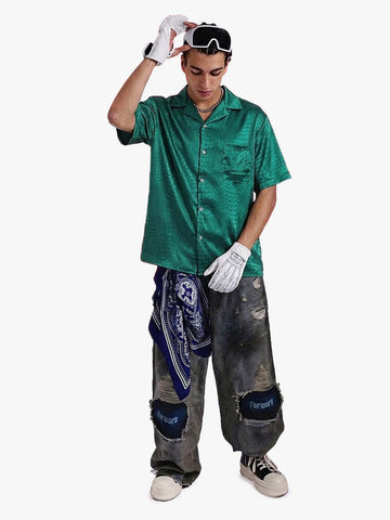 Emerald Crocodile Satin Cuban Shirt 