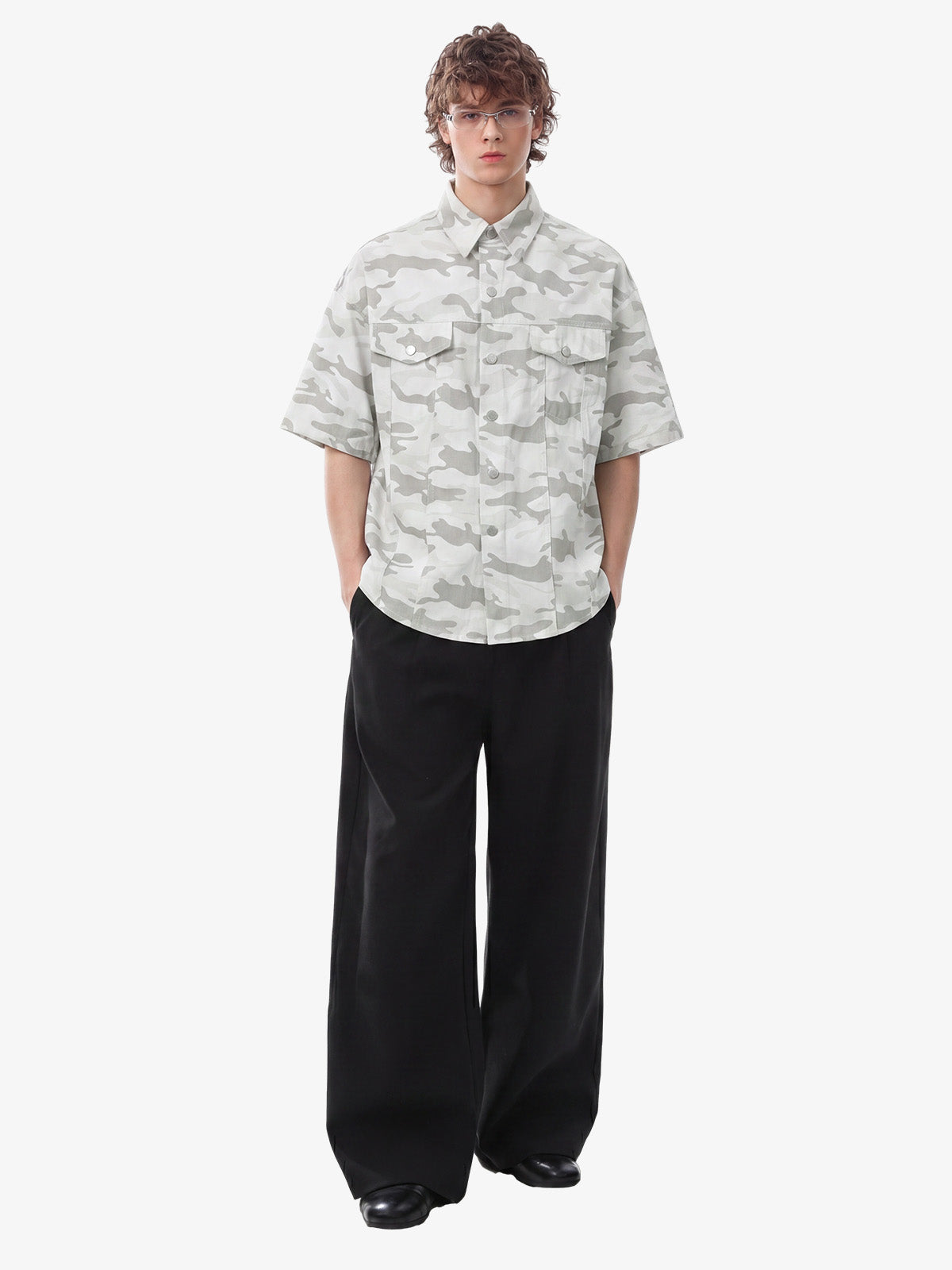 Light Grey Tactical Camo Pleated Denim Shirt 