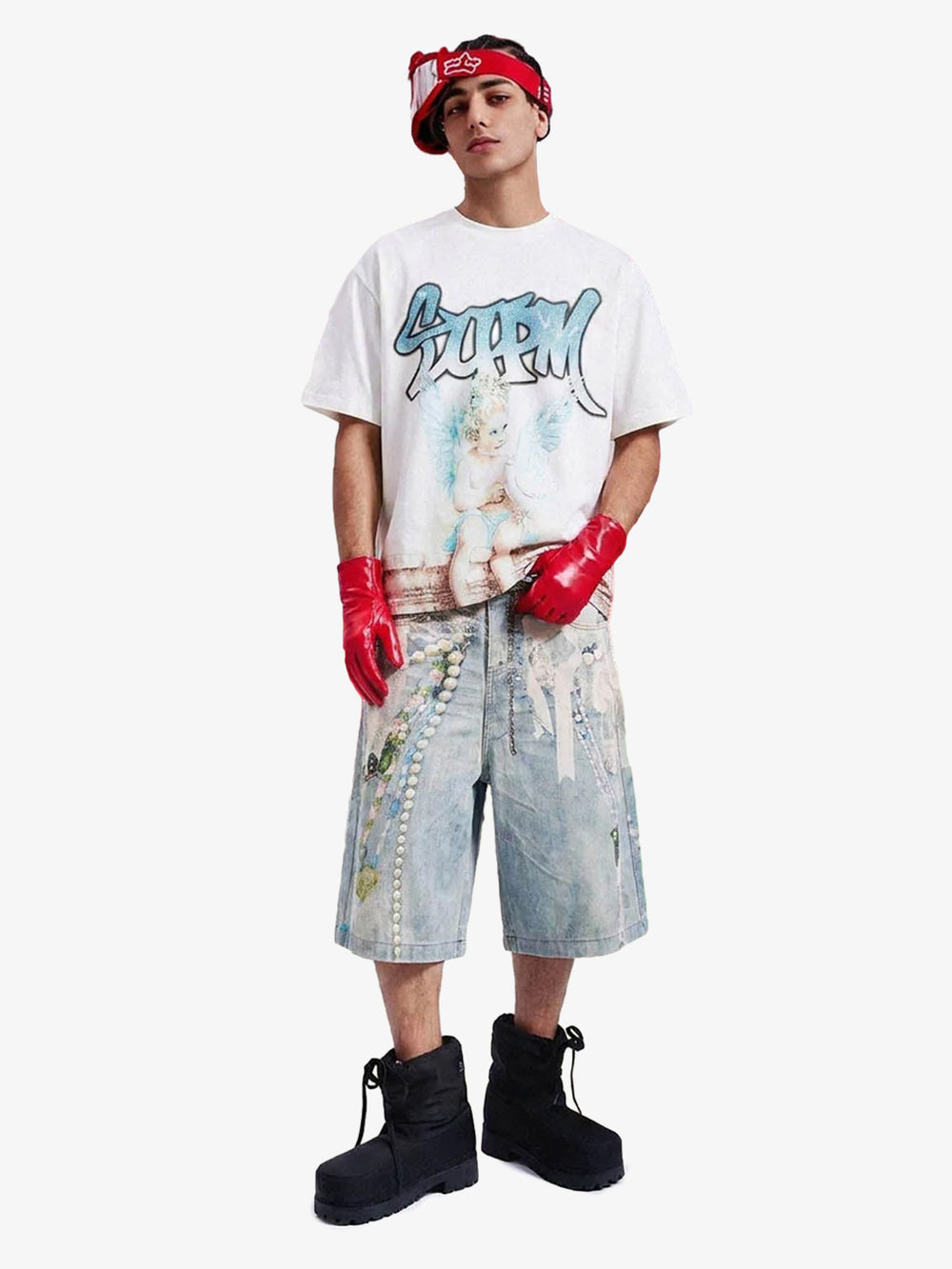 Jewelry Pearl Graphic Print 3D Effect Denim Shorts