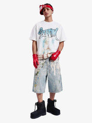 Jewelry Pearl Graphic Print 3D Effect Denim Shorts