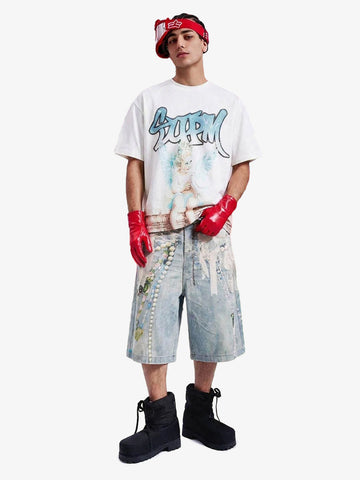 Jewelry Pearl Graphic Print 3D Effect Denim Shorts