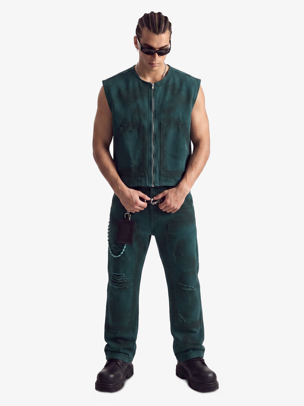 Airbrush Print Sleeveless Vest & Straight Leg Jeans Set 