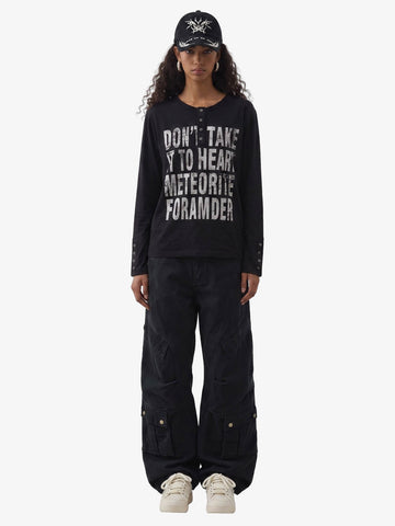 Vintage Grunge Text Print Henley Long Sleeve T-Shirt 