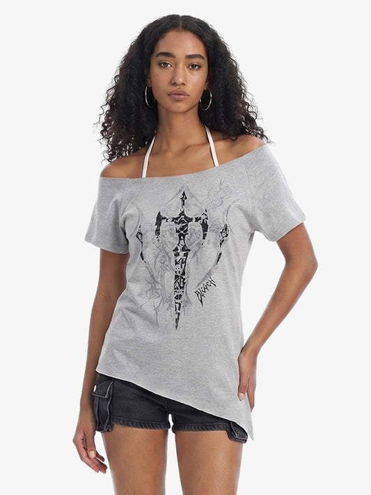 Off Shoulder Cross Graphic Slim Fit T-Shirt 