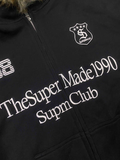 Letter Medal Embroidered Cardigan Fur Collar Zip Up Hoodie- 2502 