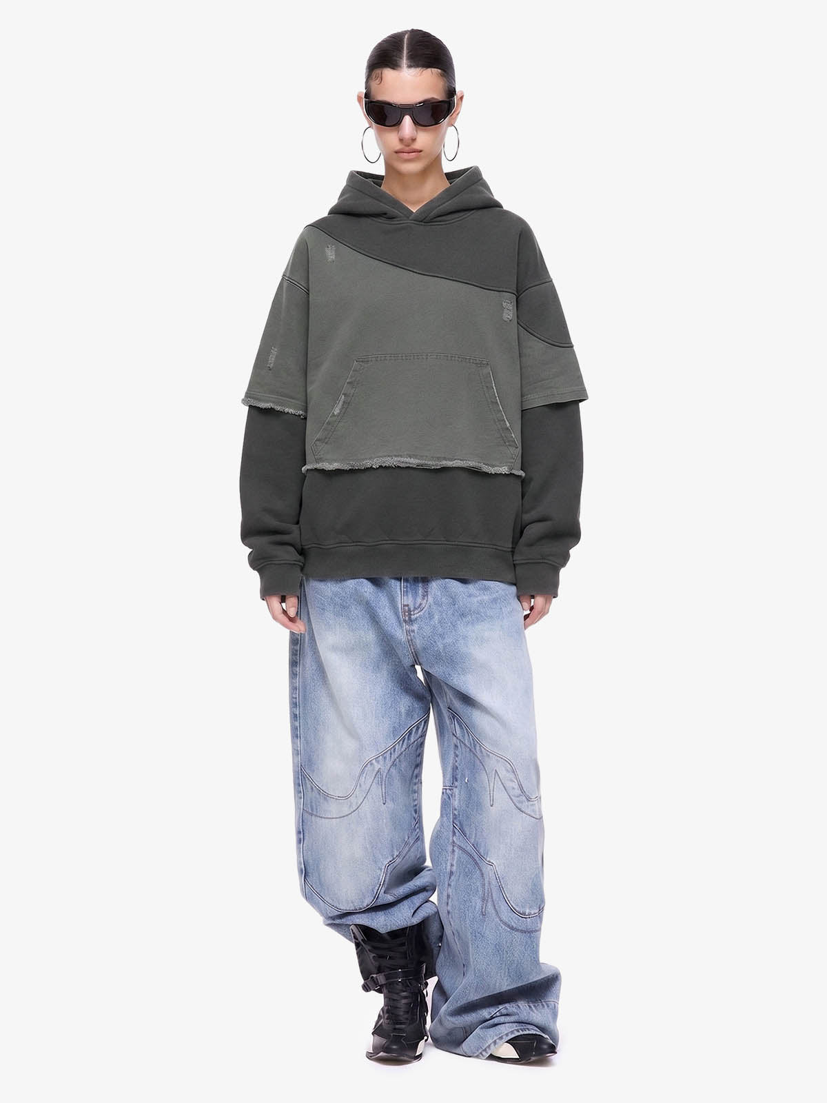 Distressed Patchwork Raw-Edge Layered-Hem Fleece Hoodie 
