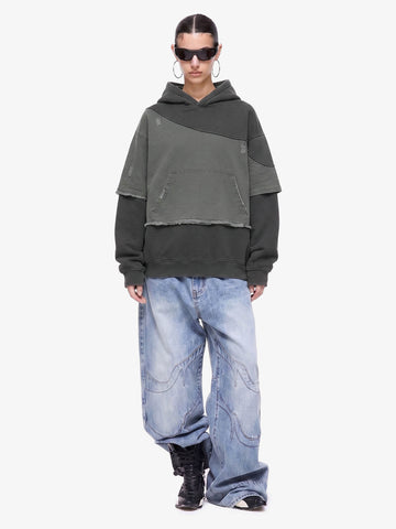Distressed Patchwork Raw-Edge Layered-Hem Fleece Hoodie 