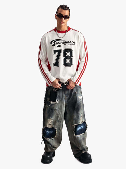 Jersey Digital Print Colorblock Long-Sleeved T-Shirt 