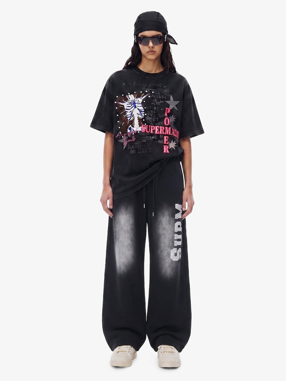 French Terry Distressed Gradient Drawstring Wide Leg Pants 